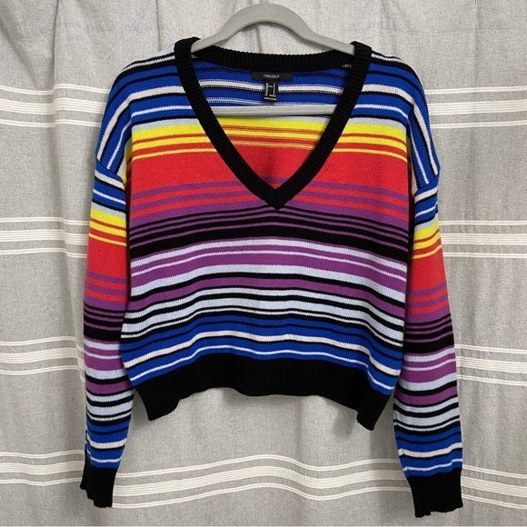 Forever 21 Sweaters - FOREVER 21 / Multicolored Striped V-neck Crop Oversized Sweater Size S